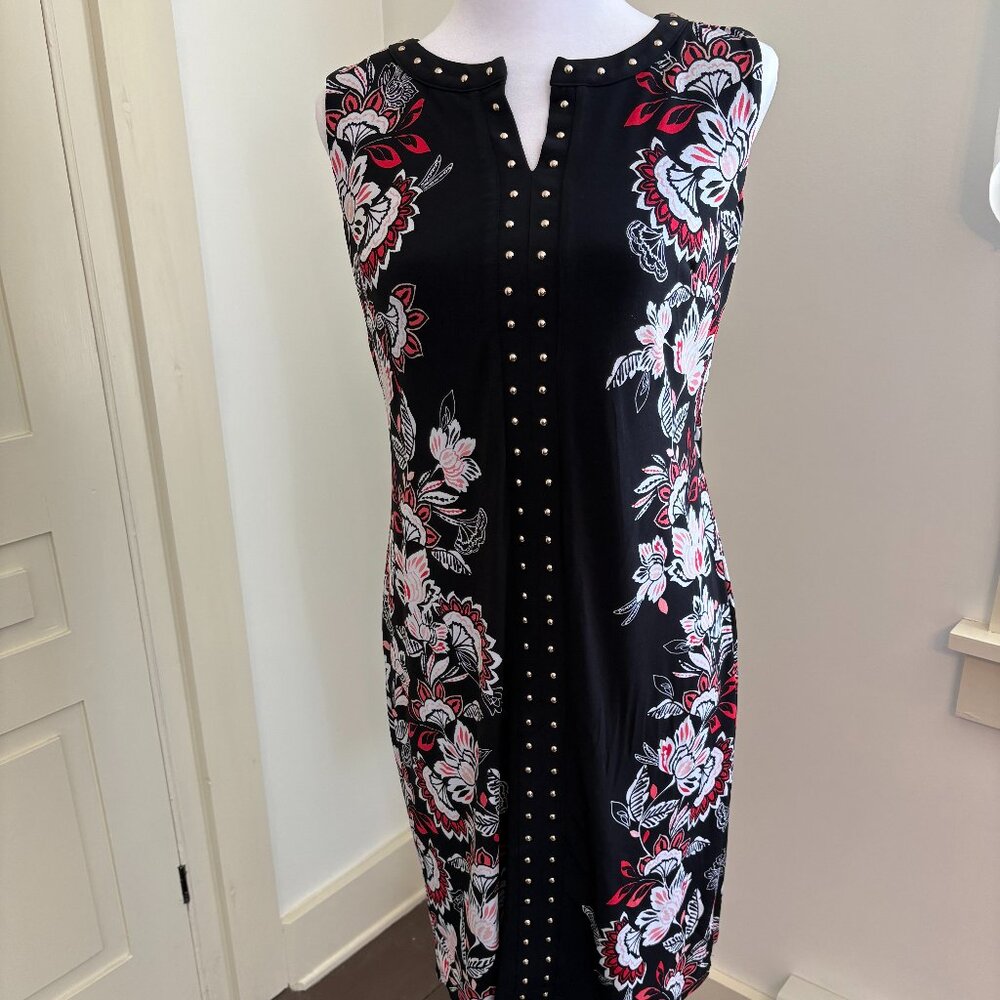 Sleeveless Sheath Dress in Red and White Floral Print on Black by JM Collection